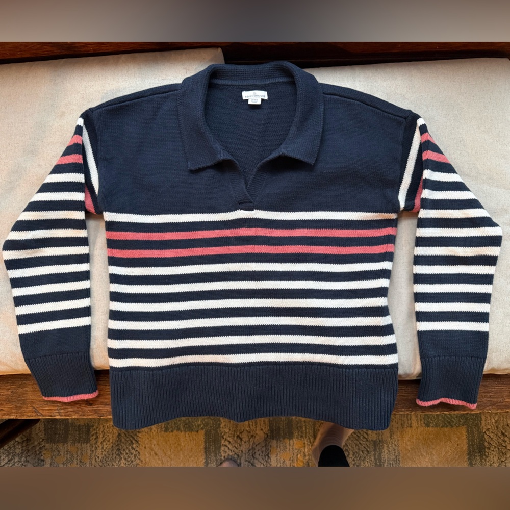 L.L. Bean Women’s Sweater in Navy with Salmon Pink and White Stripes